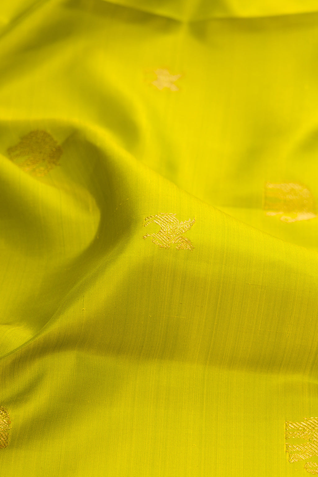 Close up of Parrot Green Kanchipuram Silk Saree with Zari Butta on the body and Zari Border.  displaying folds