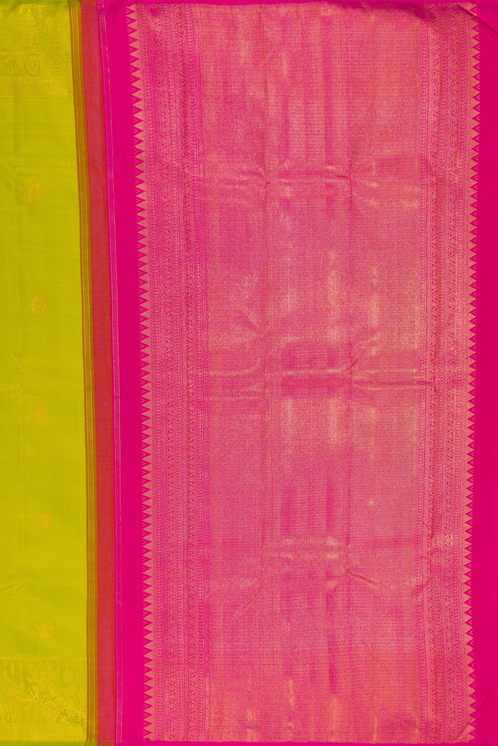Close up image of the pallu of Parrot Green Kanchipuram Silk Saree with Zari Butta on the body and Zari Border. 