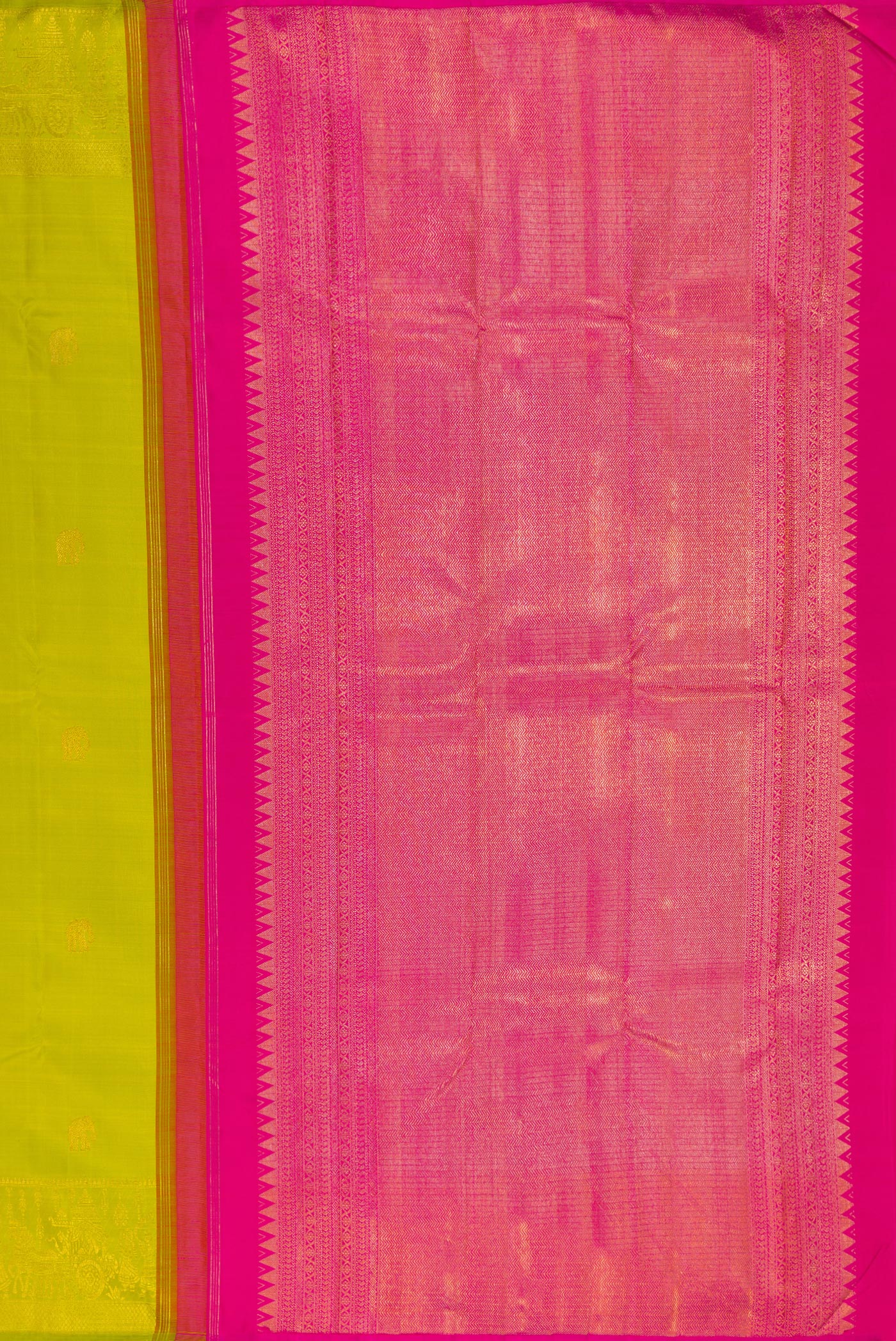 Close up image of the pallu of Parrot Green Kanchipuram Silk Saree with Zari Butta on the body and Zari Border. 