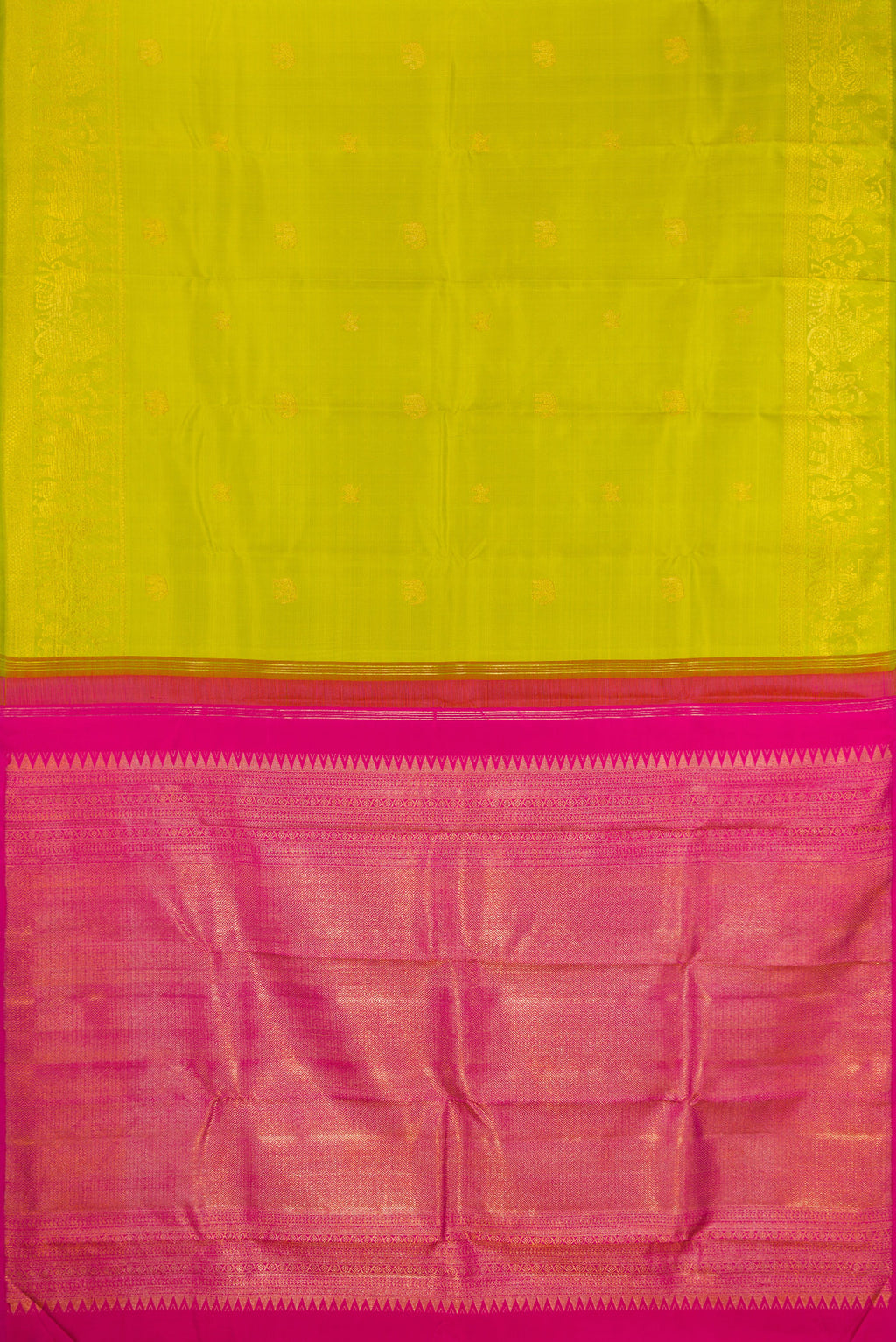 Flat view of Parrot Green Kanchipuram Silk Saree with Zari Butta on the body and Zari Border. 