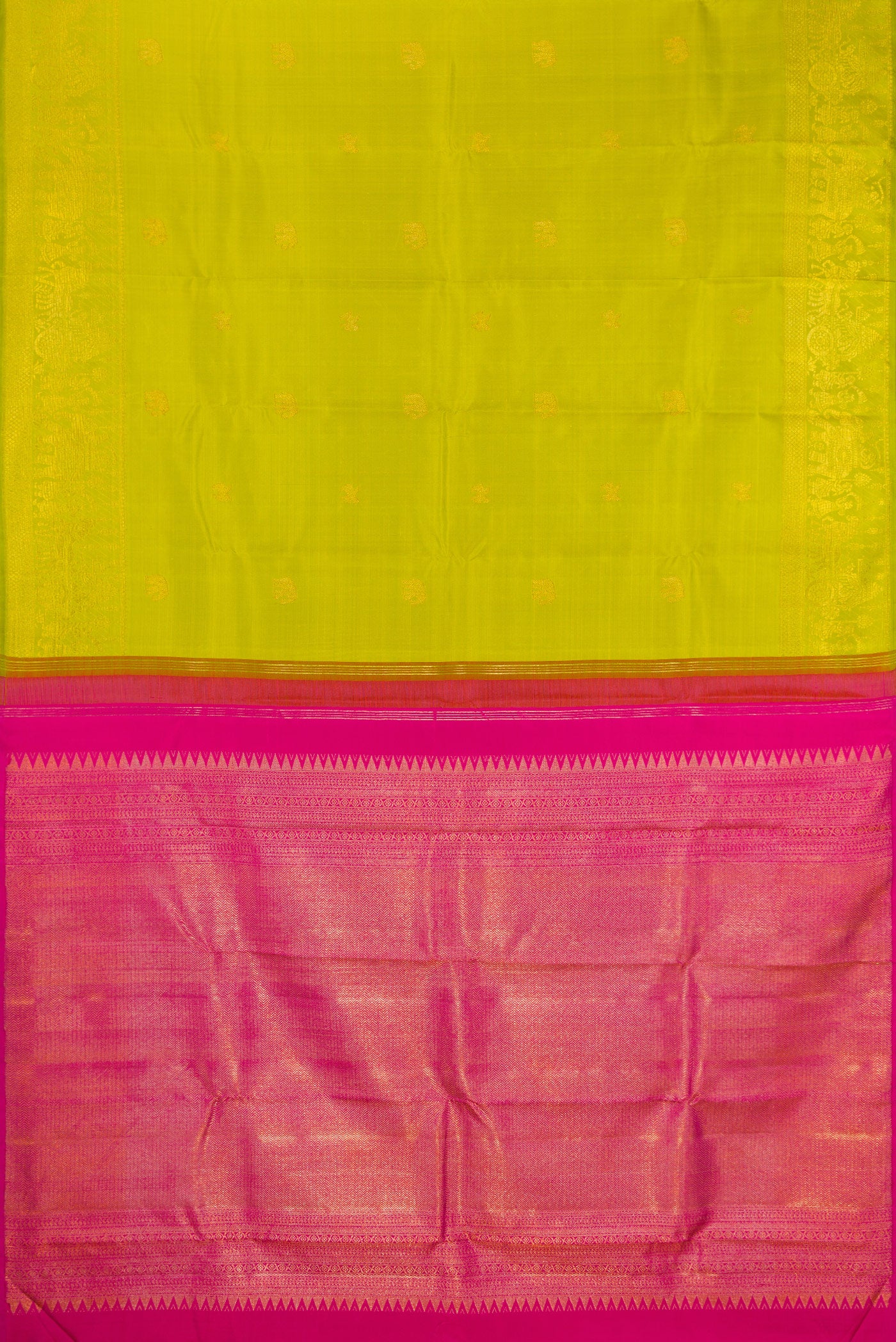 Flat view of Parrot Green Kanchipuram Silk Saree with Zari Butta on the body and Zari Border. 