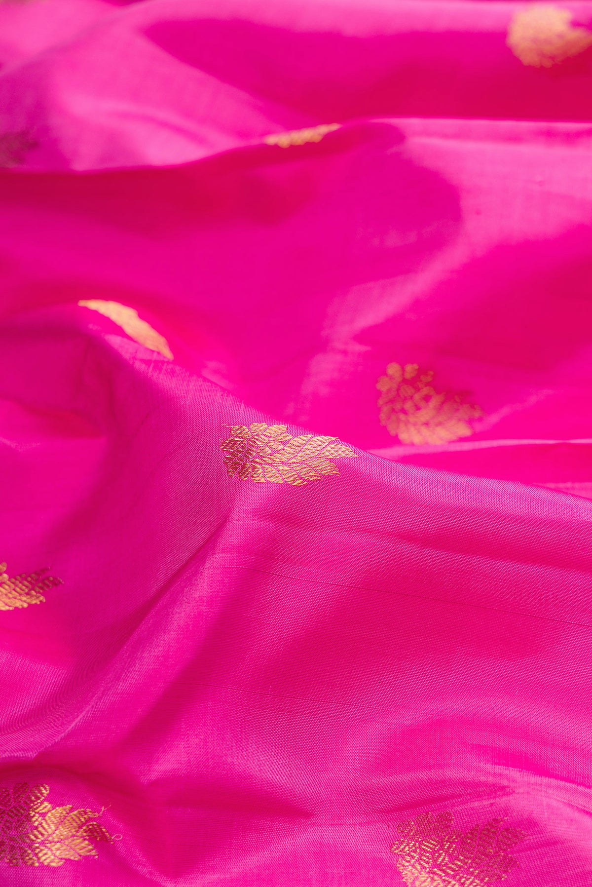 Close up of Pure Silk Rose pink Kanchipuram Saree with Zari Butta on the body and Zari Border.  displaying folds