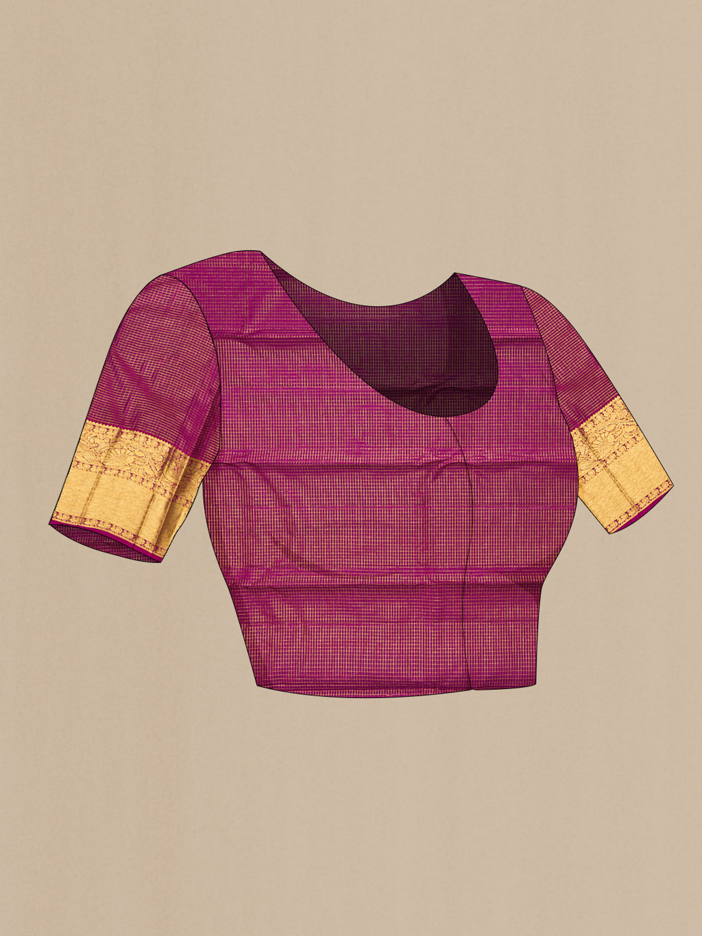 Close up image of the blouse of Purple Kanjivaram Silk Saree with Checked design on the body and Zari Border. 
