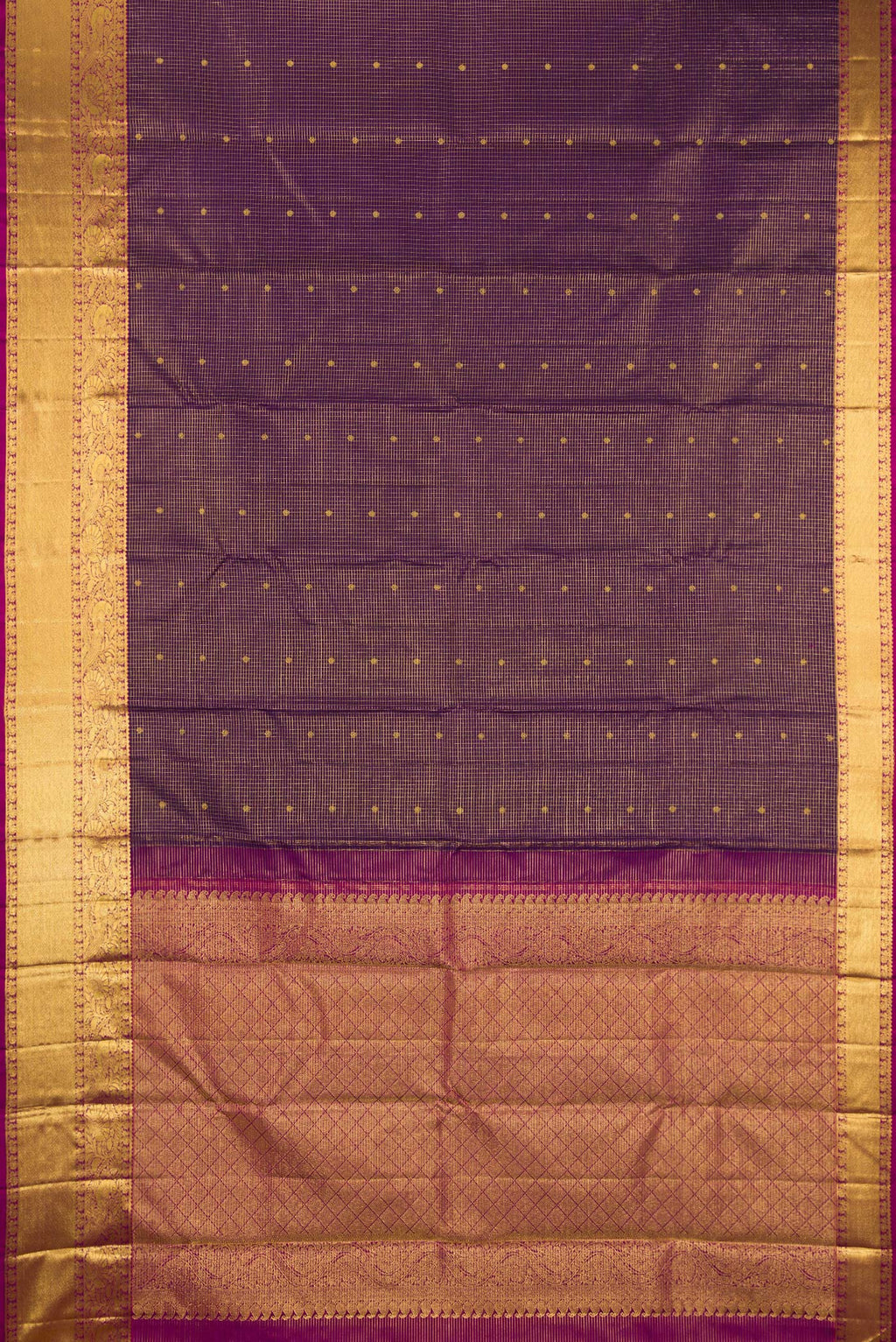 Flat view of Purple Kanjivaram Silk Saree with Checked design on the body and Zari Border. 