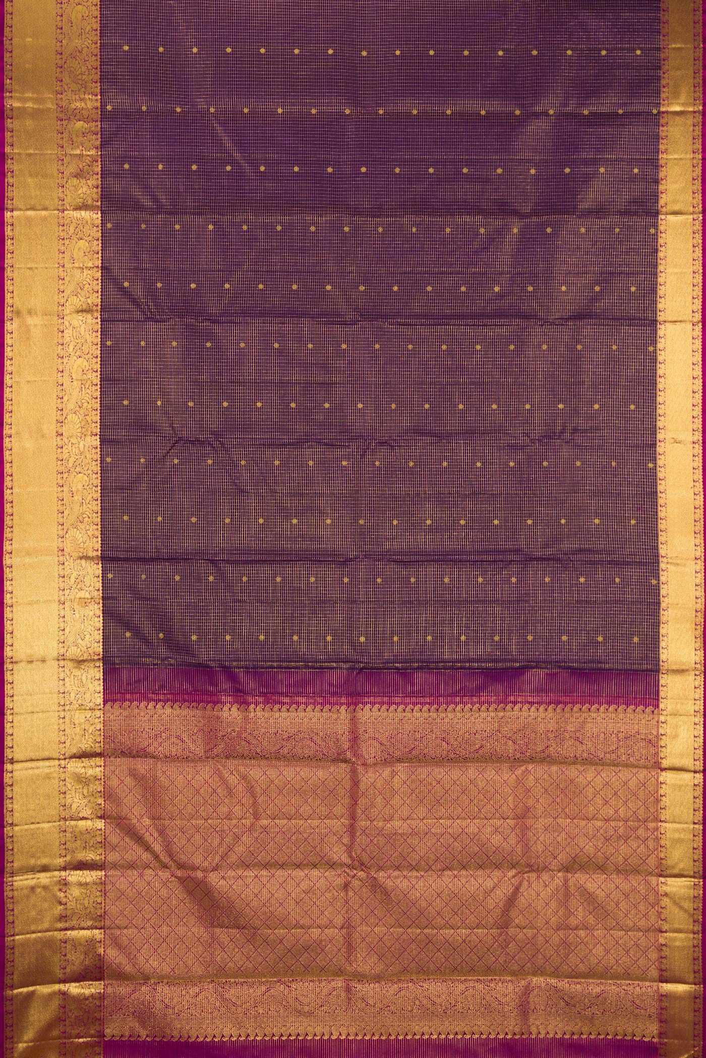 Flat view of Purple Kanjivaram Silk Saree with Checked design on the body and Zari Border. 