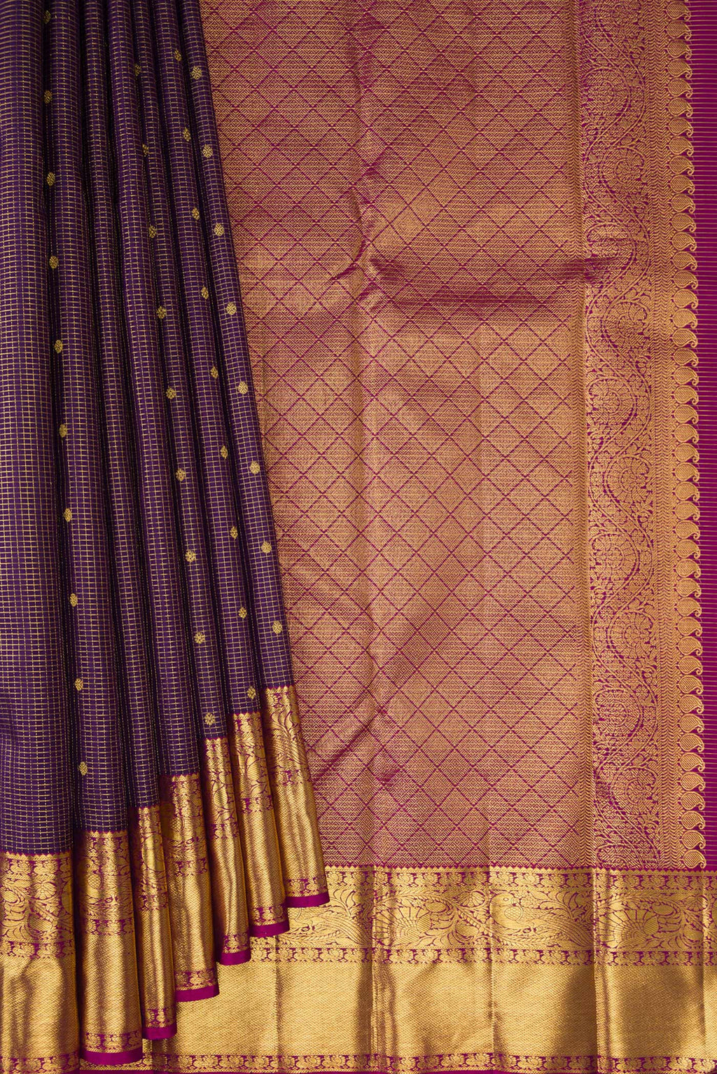 Pleats and pallu of Purple Kanjivaram Silk Saree with Checked design on the body and Zari Border. 