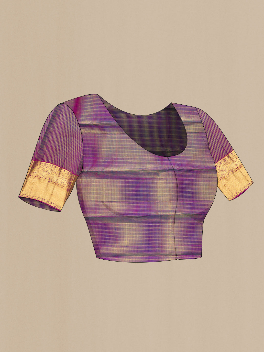 Close up image of the blouse of Green Kanjivaram Silk Saree with Checked design on the body and Zari Border. 