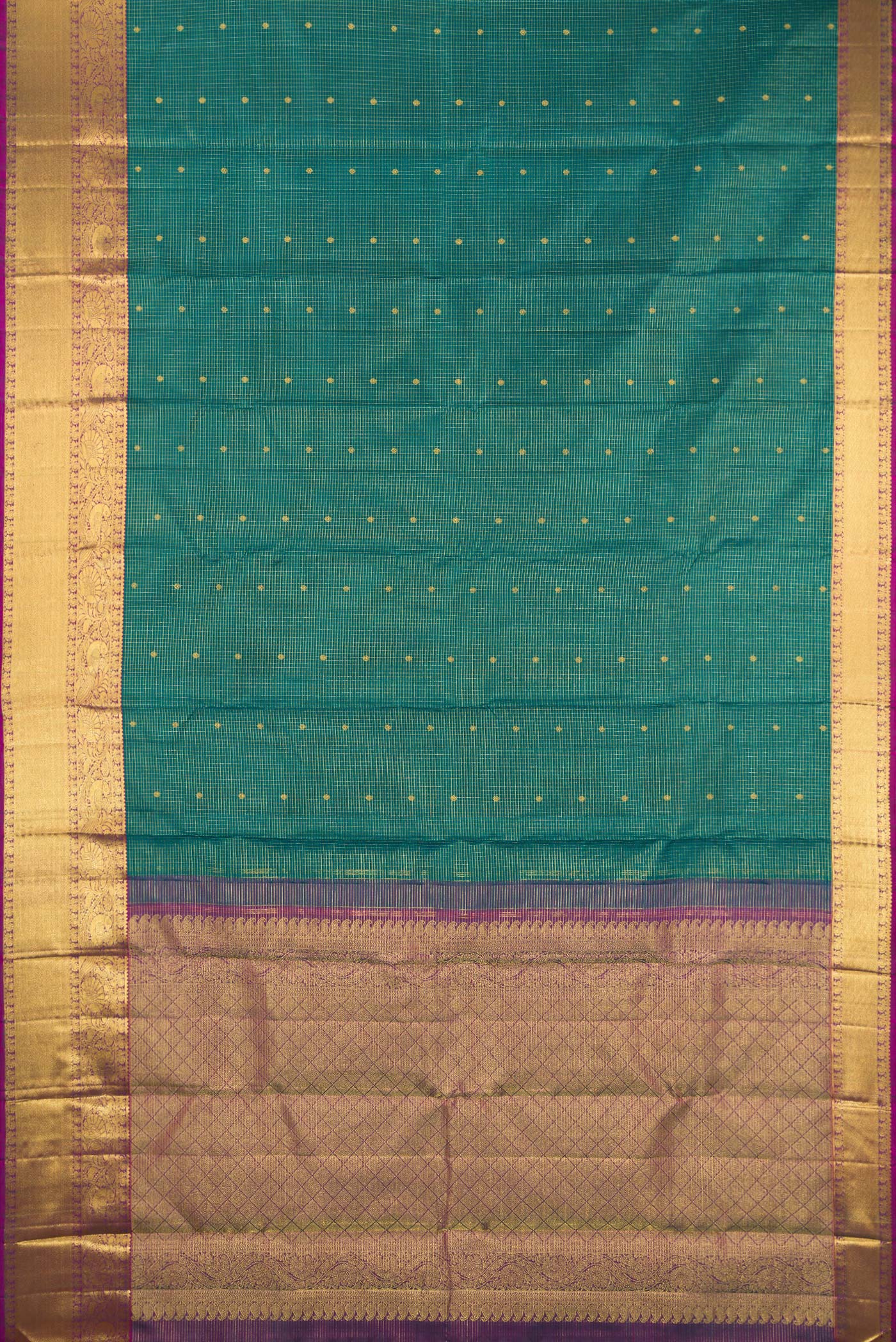 Flat view of Green Kanjivaram Silk Saree with Checked design on the body and Zari Border. 