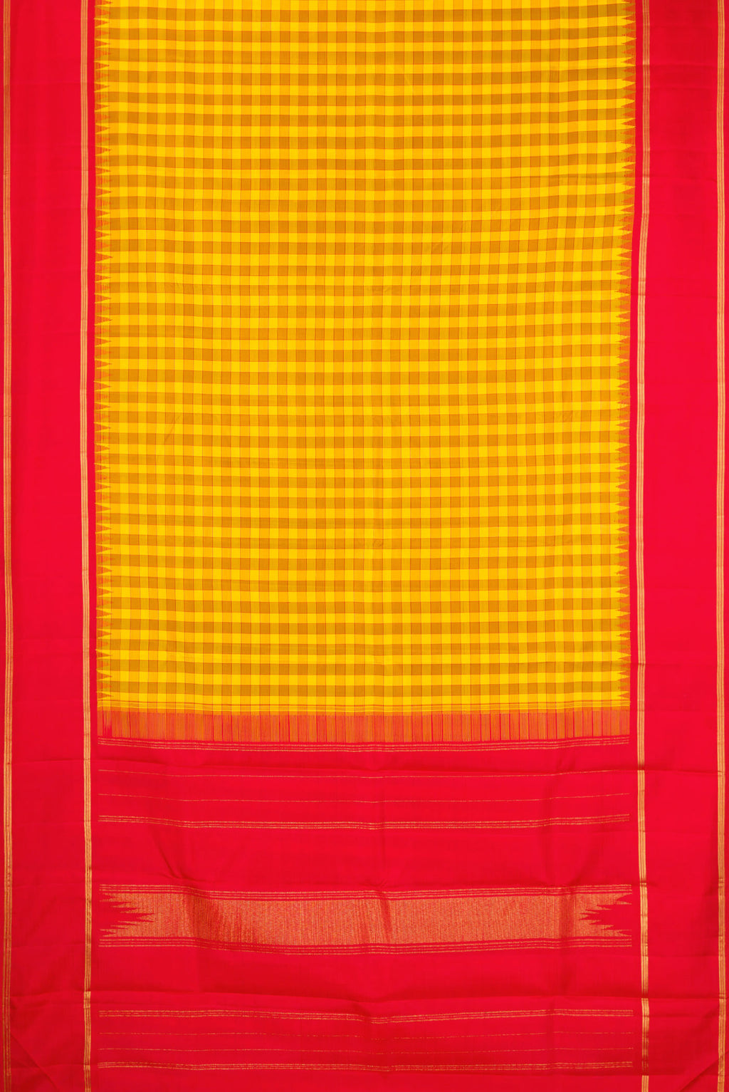 Flat view of Yellow Kanjivaram Silk Saree with Checked design on the body and Zari Border. 