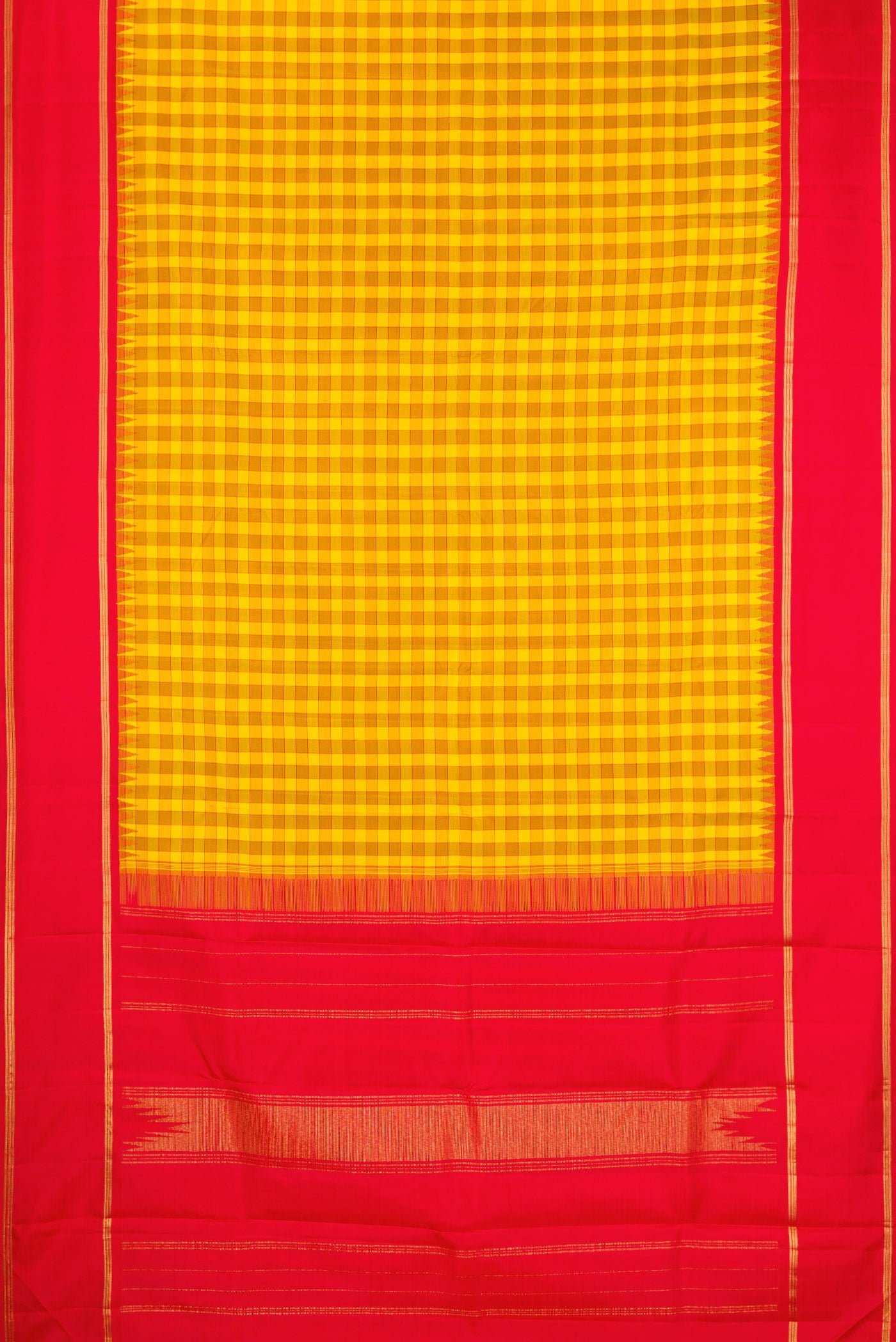 Flat view of Yellow Kanjivaram Silk Saree with Checked design on the body and Zari Border. 