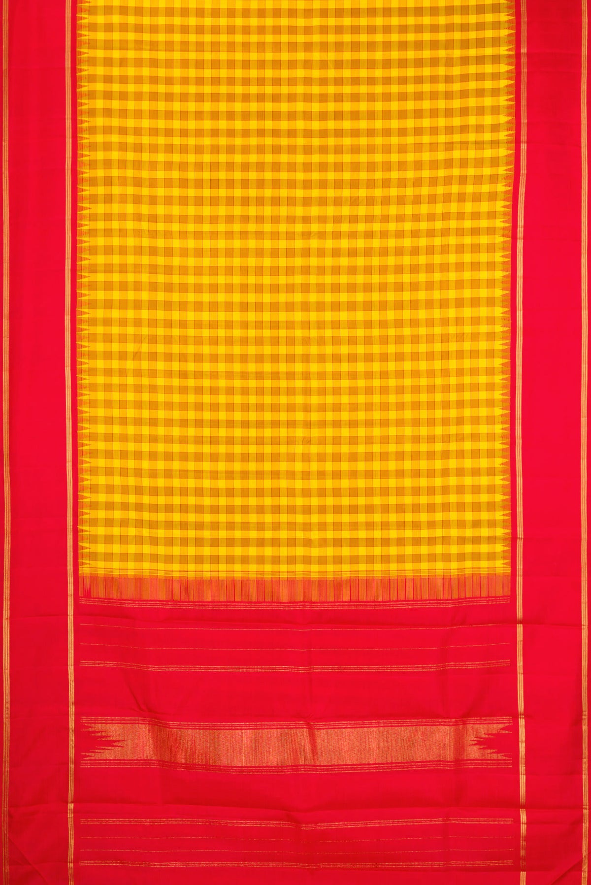 Flat view of Yellow Kanjivaram Silk Saree with Checked design on the body and Zari Border. 