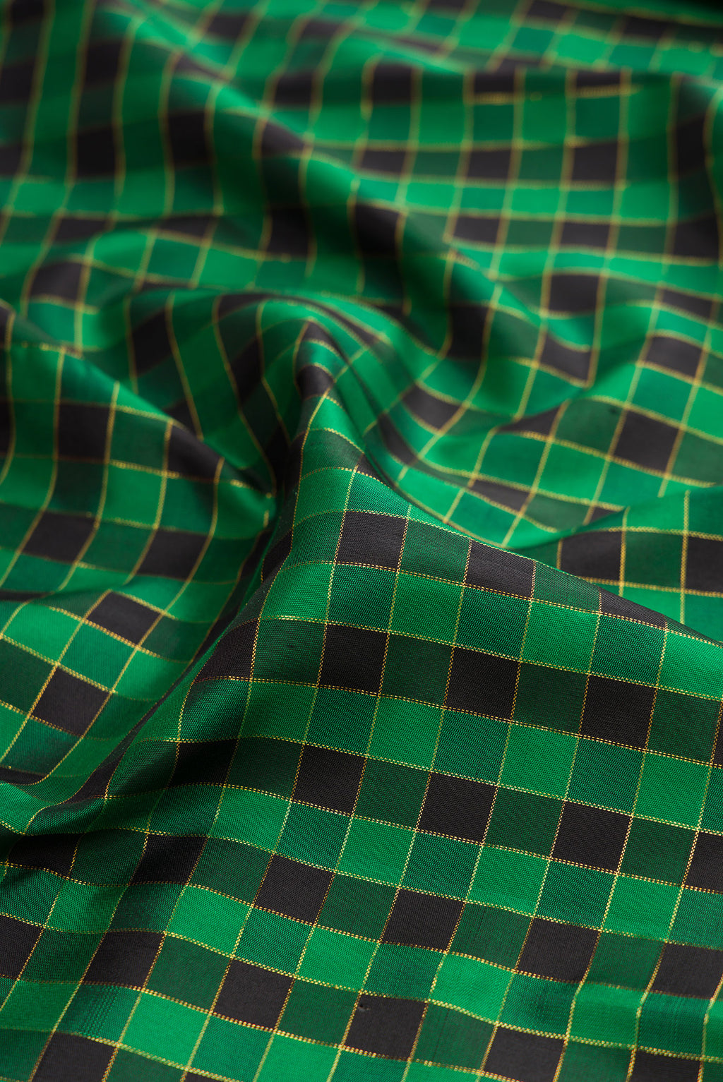 Close up of Multi Color Kanjivaram Silk Saree with Checked design on the body and Plain Border.  displaying folds