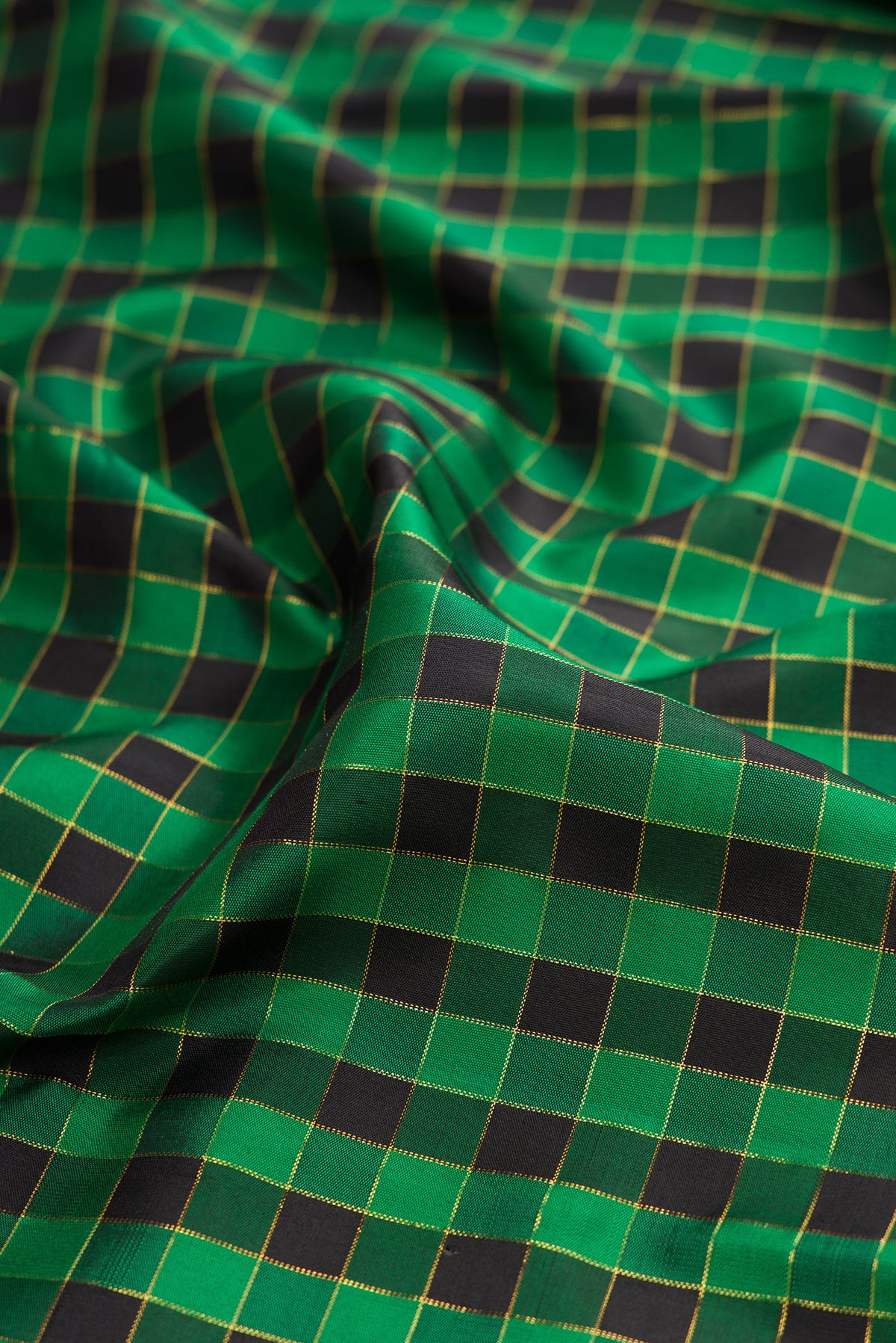 Close up of Multi Color Kanjivaram Silk Saree with Checked design on the body and Plain Border.  displaying folds