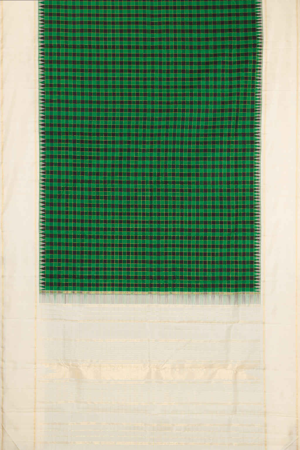 Flat view of Multi Color Kanjivaram Silk Saree with Checked design on the body and Plain Border. 