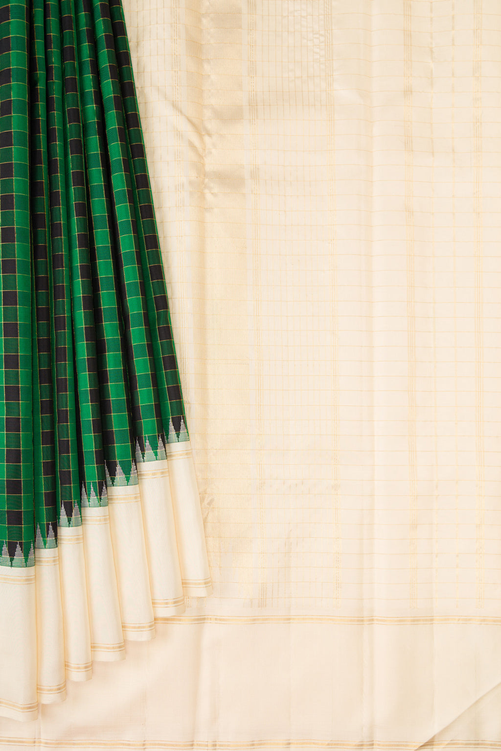 Pleats and pallu of Multi Color Kanjivaram Silk Saree with Checked design on the body and Plain Border. 
