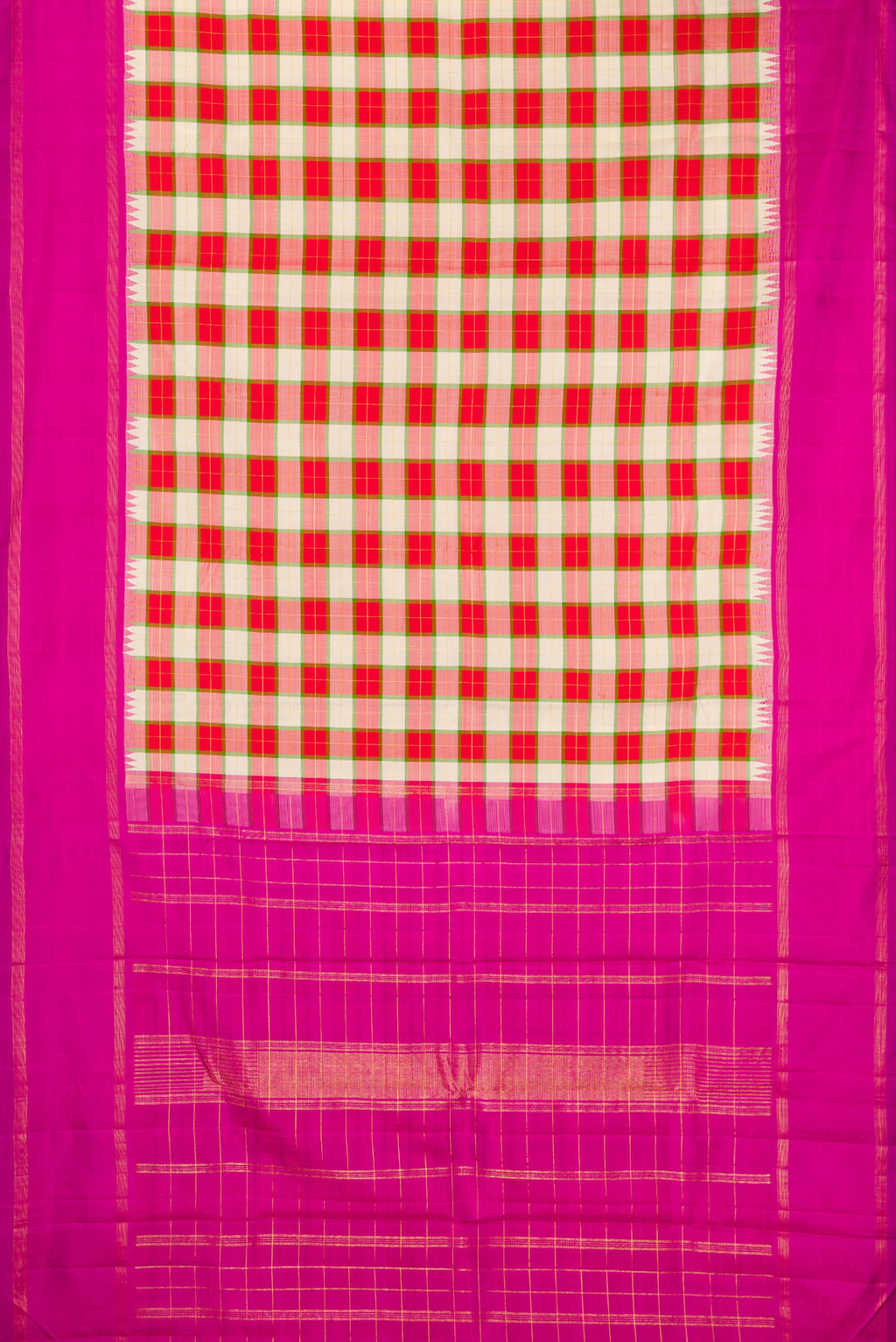Flat view of Multi Color Kanjivaram Silk Saree with Checked design on the body and Plain Border. 