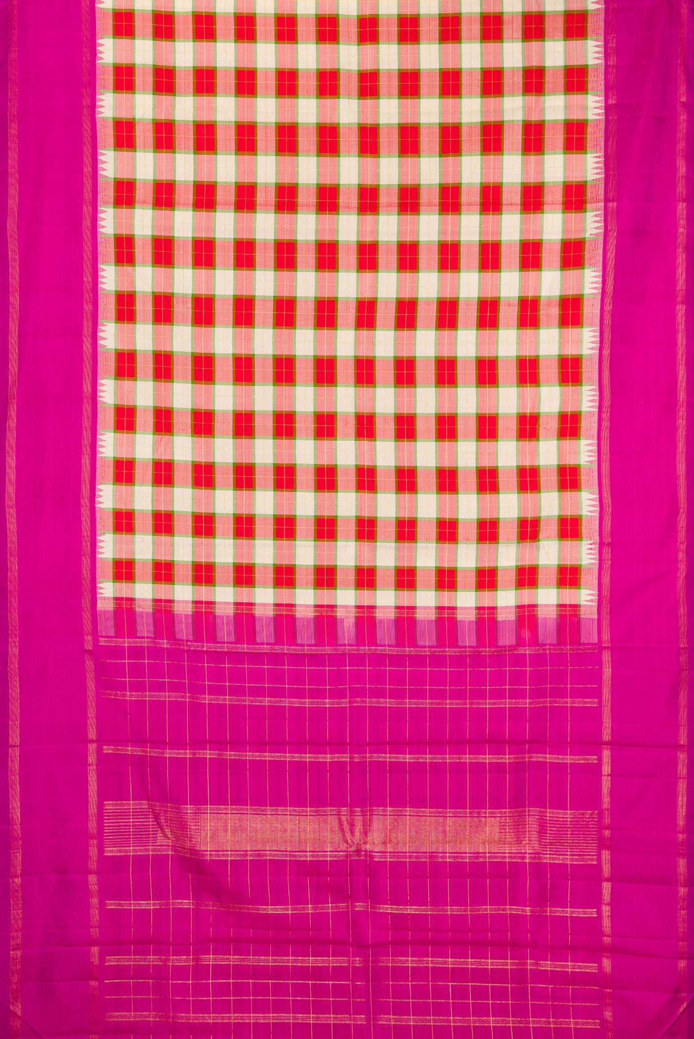 Flat view of Multi Color Kanjivaram Silk Saree with Checked design on the body and Plain Border. 