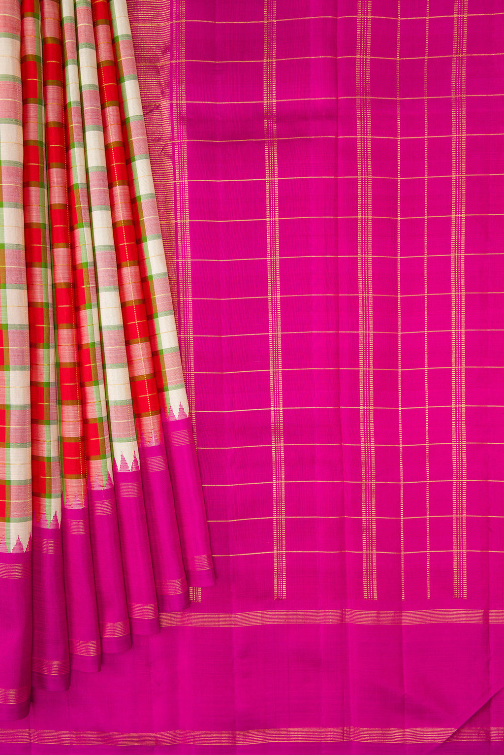 Pleats and pallu of Multi Color Kanjivaram Silk Saree with Checked design on the body and Plain Border. 