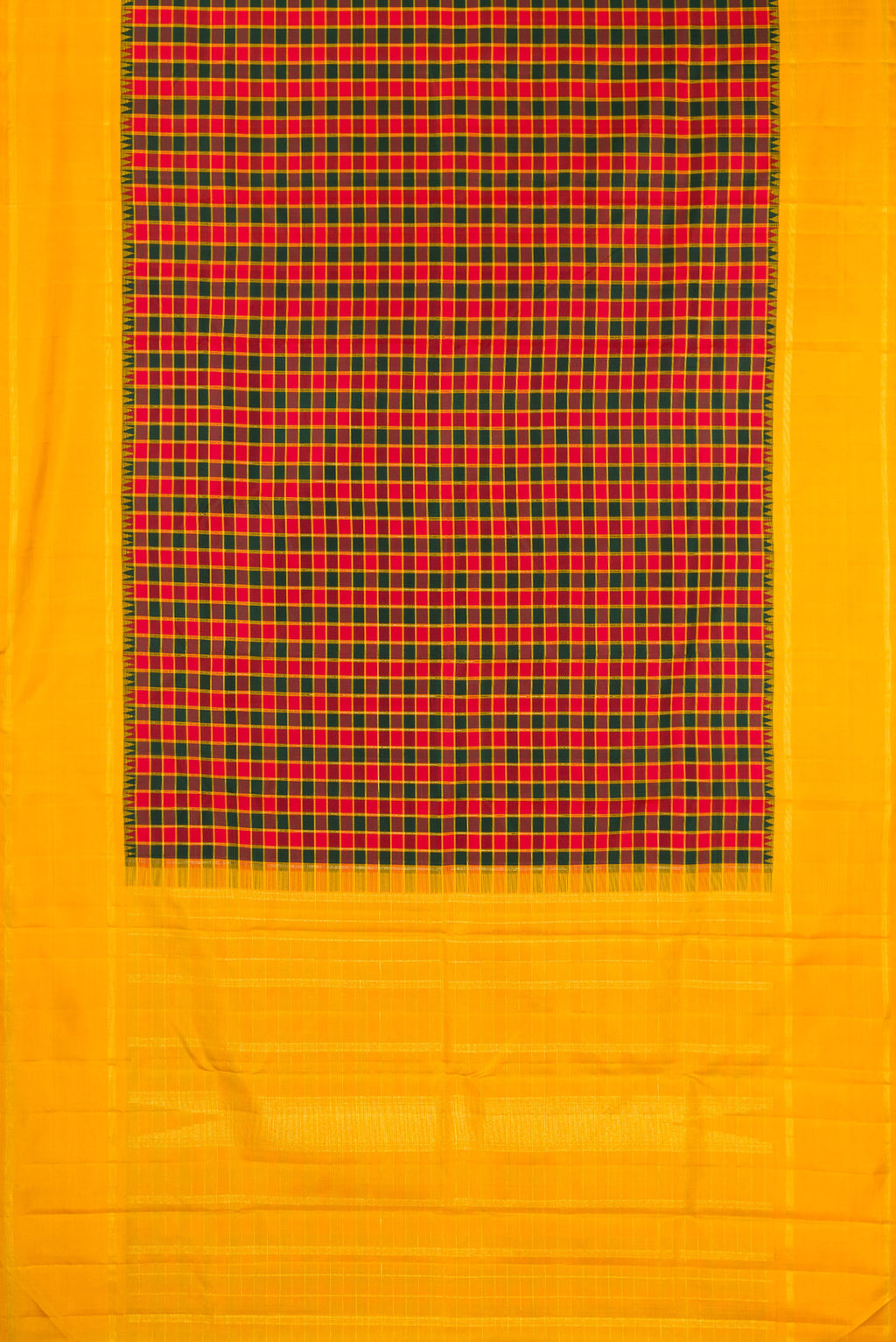 Flat view of Multi Color Kanjivaram Silk Saree with Checked design on the body and Zari Border. 
