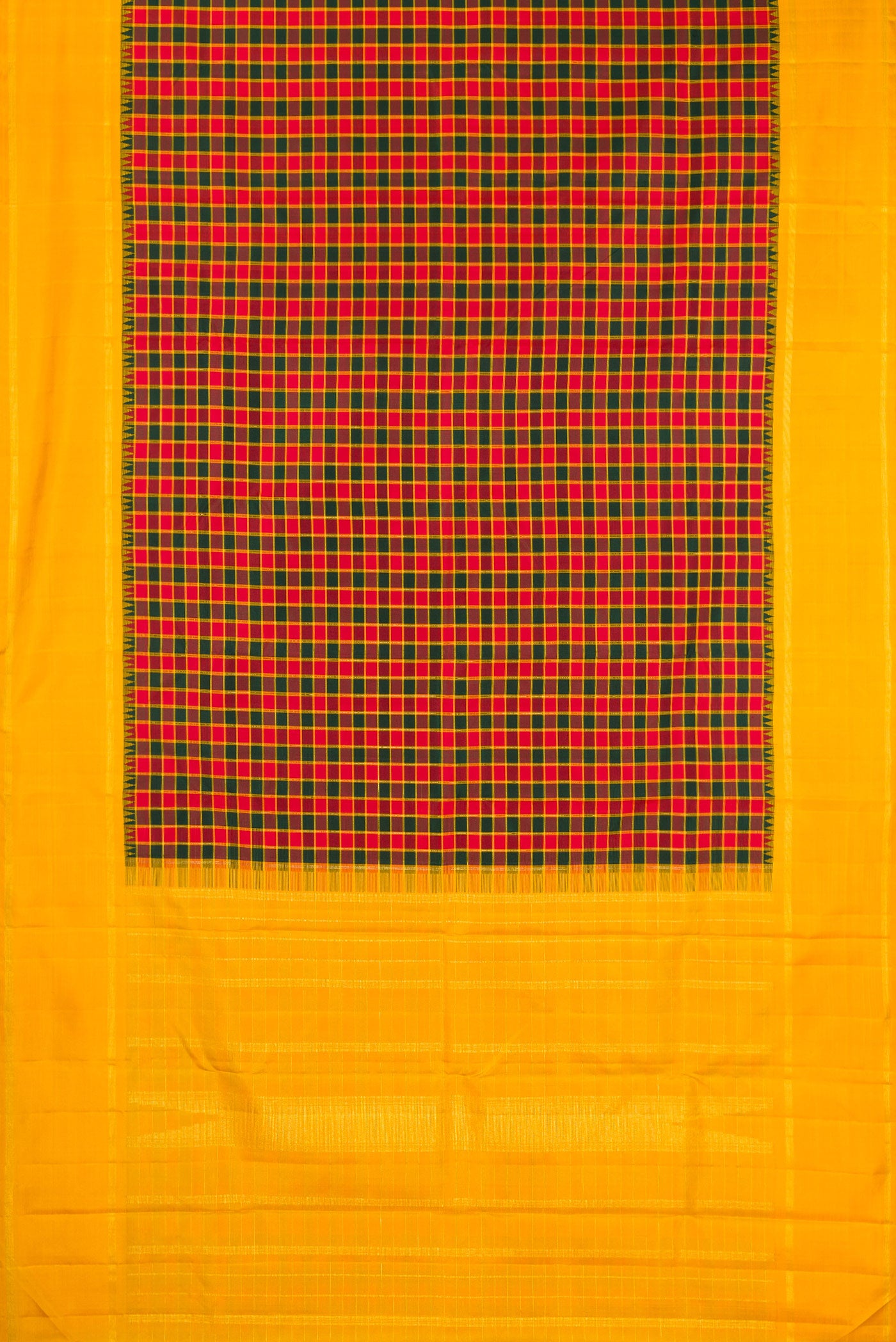 Flat view of Multi Color Kanjivaram Silk Saree with Checked design on the body and Zari Border. 