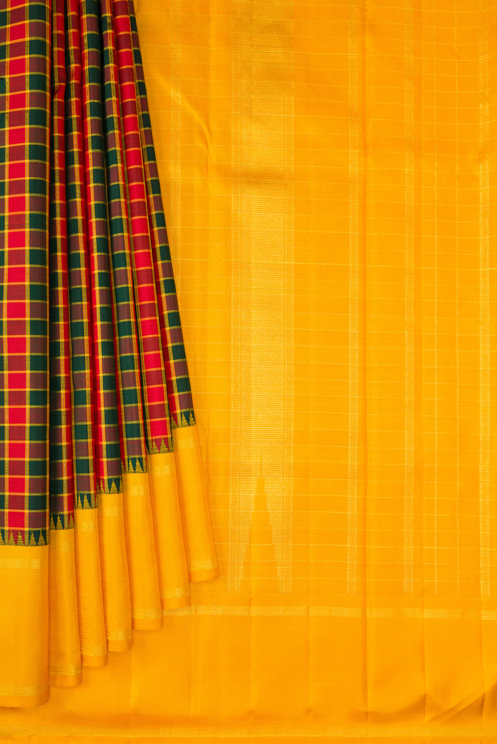 Pleats and pallu of Multi Color Kanjivaram Silk Saree with Checked design on the body and Zari Border. 