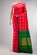 Pure Silk Multi Color Kanchipuram Saree with Checked design on the body and Without Border.  displayed on a mannequin