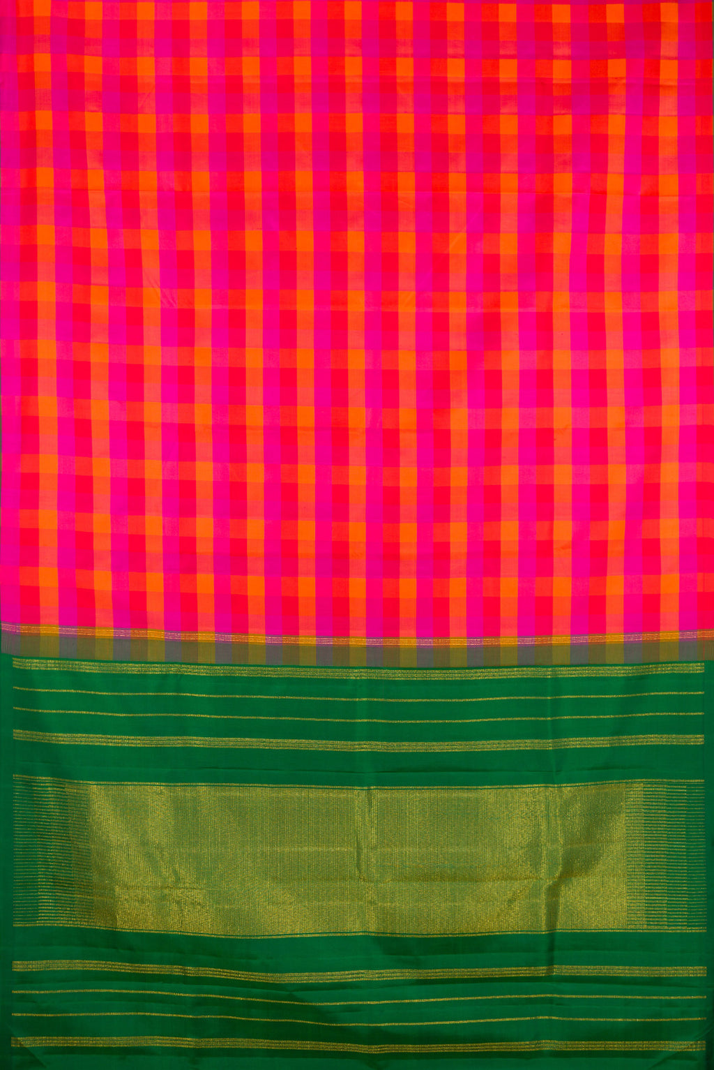 Flat view of Pure Silk Multi Color Kanchipuram Saree with Checked design on the body and Without Border. 