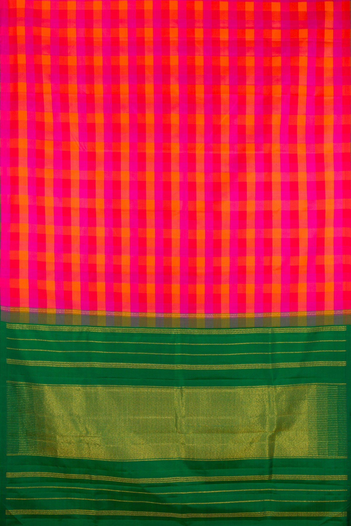 Flat view of Pure Silk Multi Color Kanchipuram Saree with Checked design on the body and Without Border. 