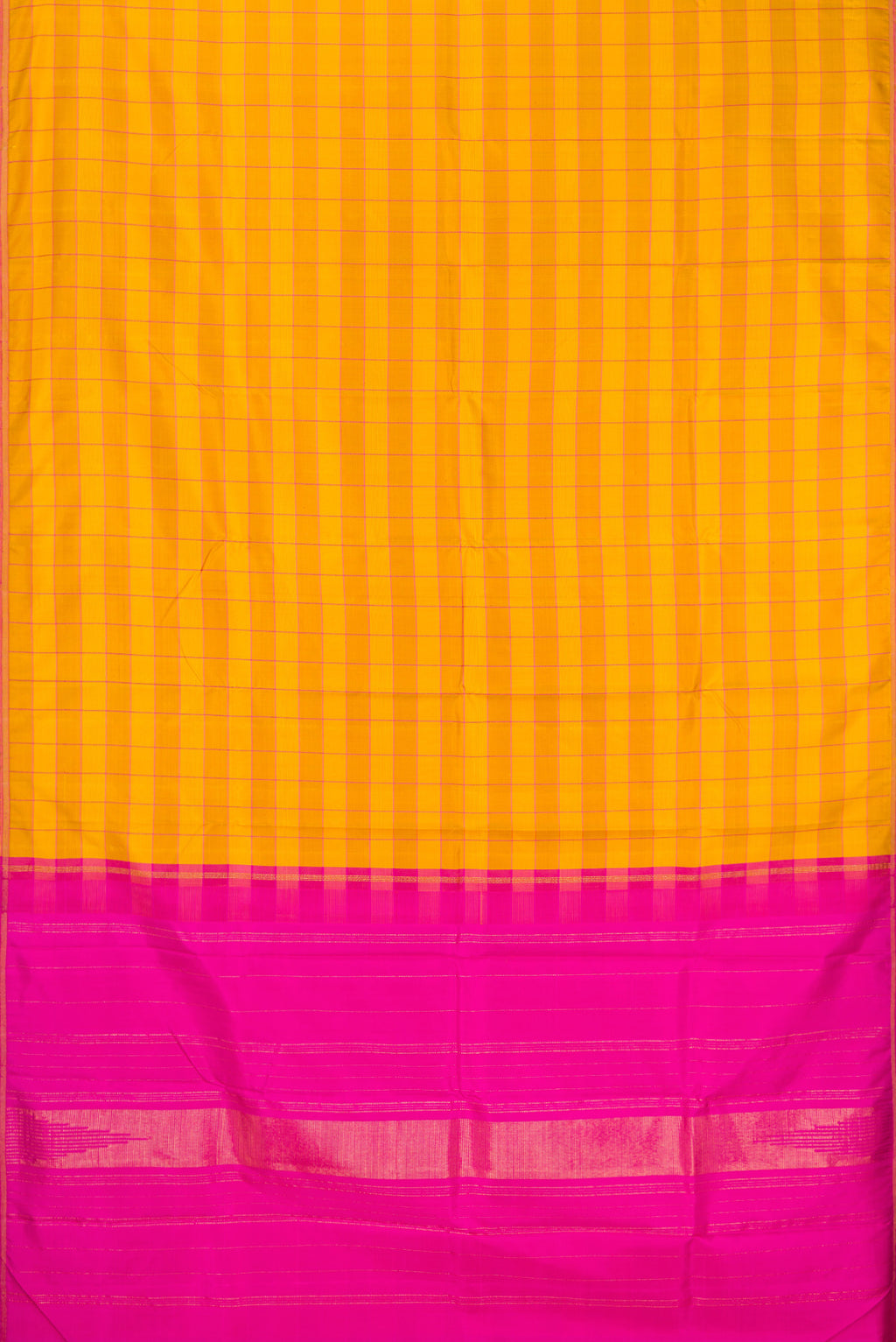 Flat view of Pure Silk Mustard Kanchipuram Saree with Checked design on the body and Thin Zari Line. 