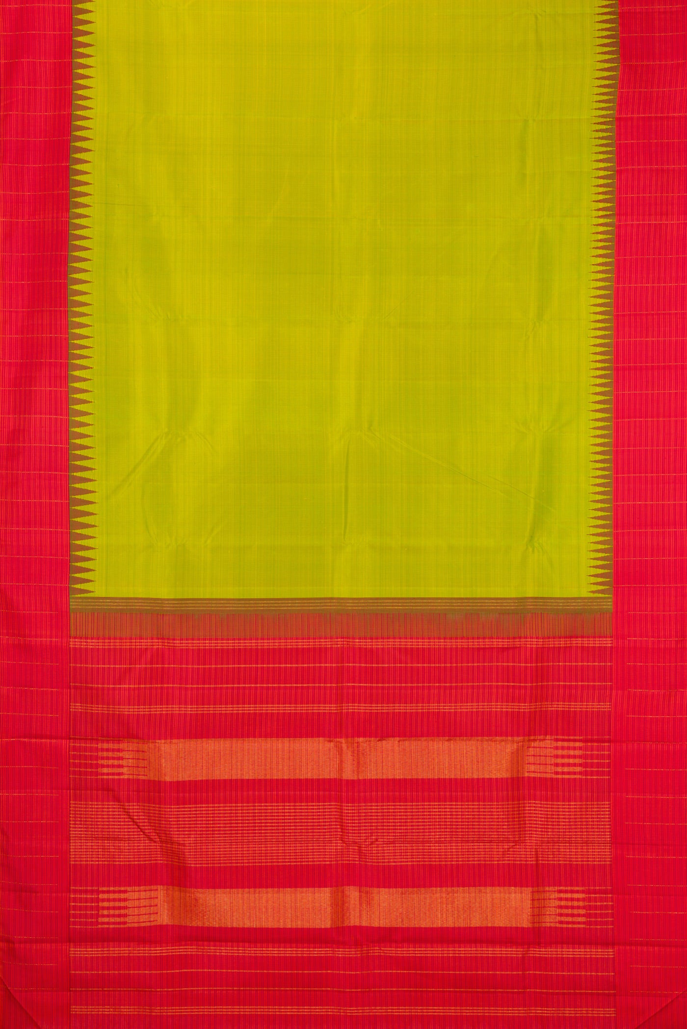 Flat view of Green Kanjivaram Silk Saree with Plain Body and Temple Border. 