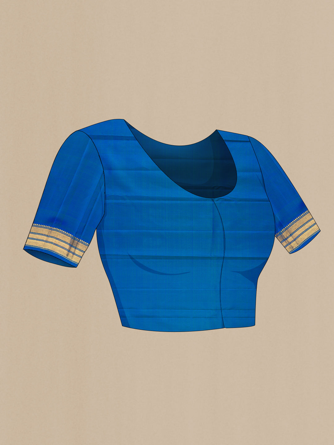 Close up image of the blouse of Royal Blue Kanchipuram Silk Saree with Zari Butta on the body and Zari Border. 