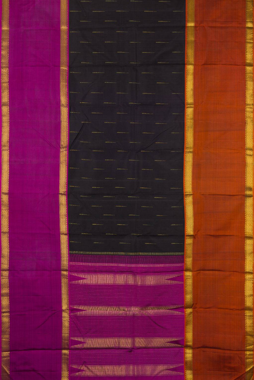 Flat view of Black Kanchipuram Silk Saree with Zari Butta on the body and Ganga Jamuna Border. 