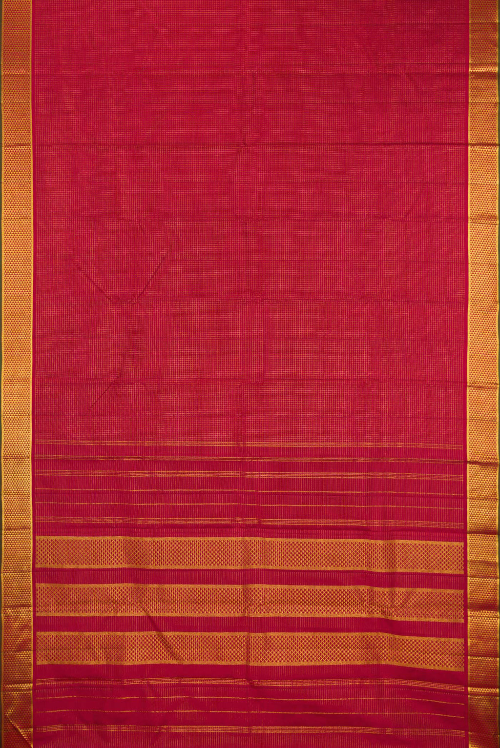 Flat view of Pure Silk Maroon Kanchipuram Saree with Checked design on the body and Zari Border. 