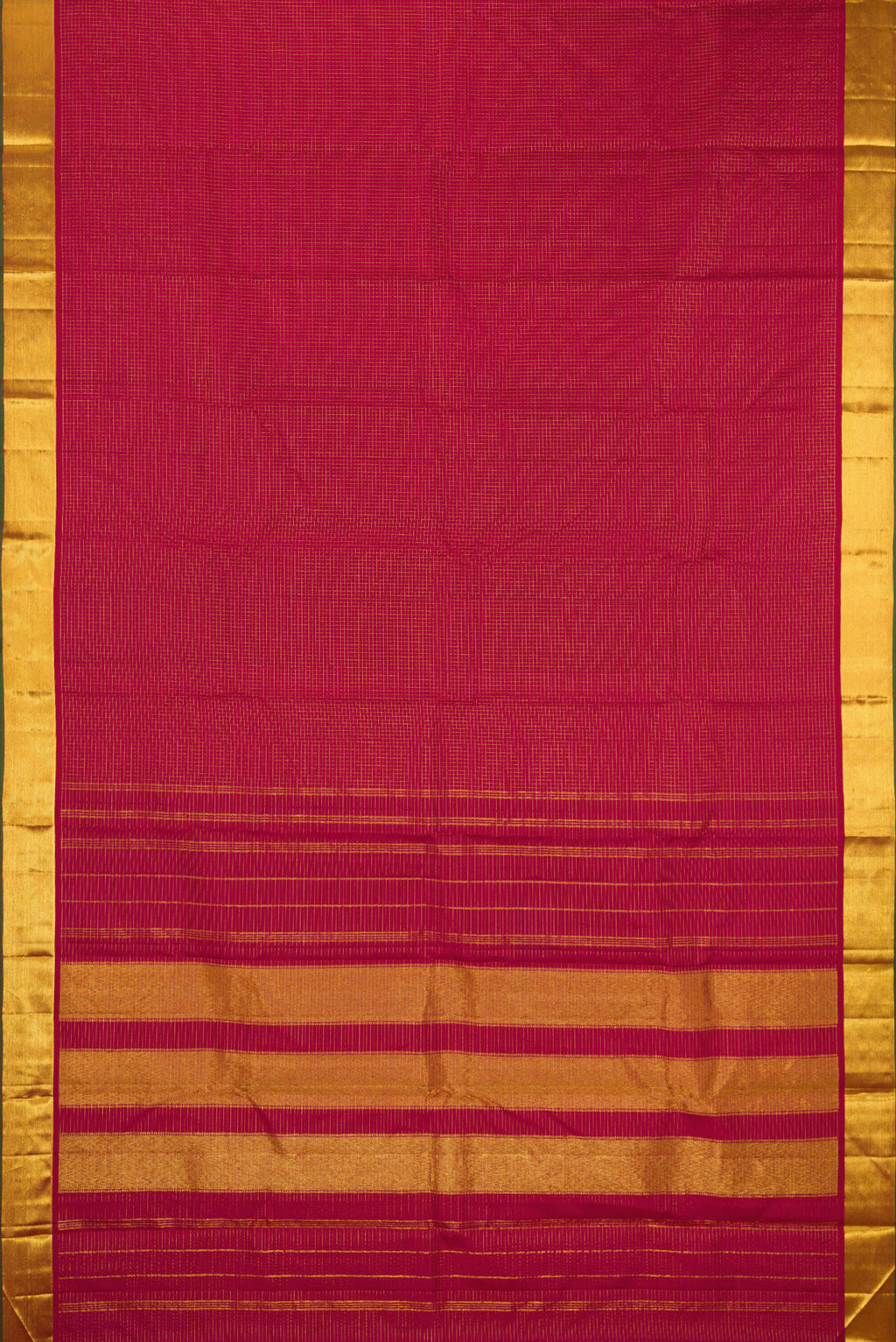 Flat view of Maroon Kanchipuram Silk Saree with Checked design on the body and Zari Border. 