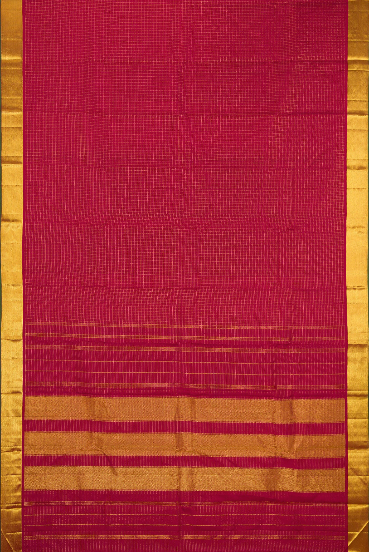 Flat view of Maroon Kanchipuram Silk Saree with Checked design on the body and Zari Border. 