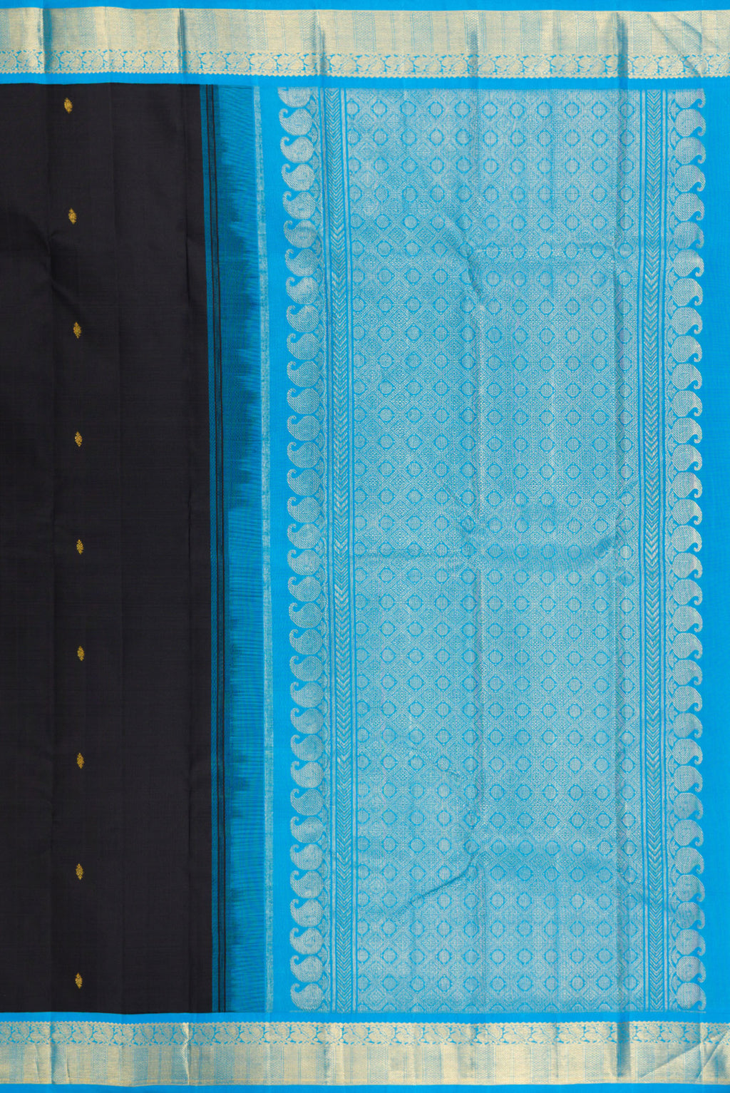 Close up image of the pallu of Black Kanjivaram Silk Saree with Zari Butta on the body and Zari Border. 