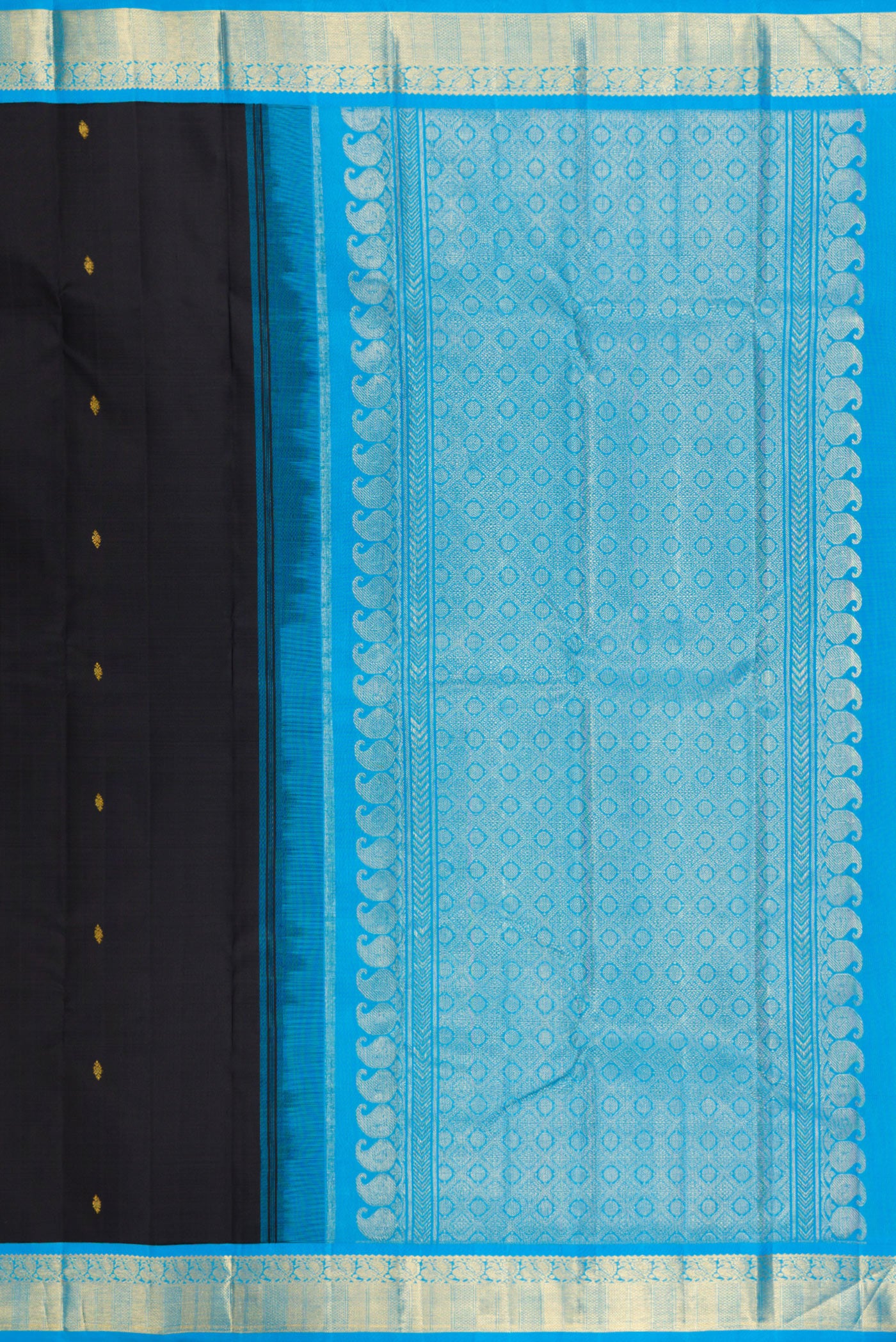 Close up image of the pallu of Black Kanjivaram Silk Saree with Zari Butta on the body and Zari Border. 