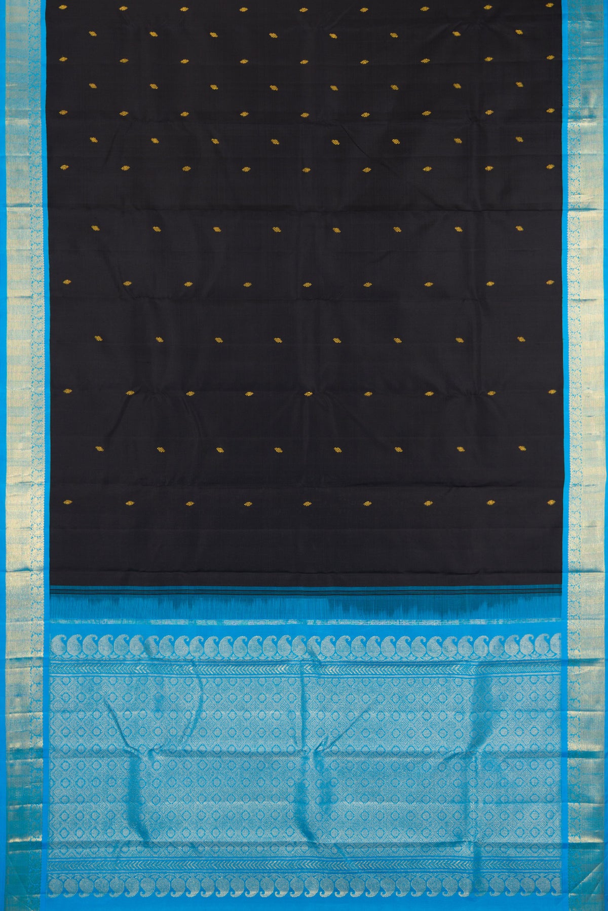 Flat view of Black Kanjivaram Silk Saree with Zari Butta on the body and Zari Border. 