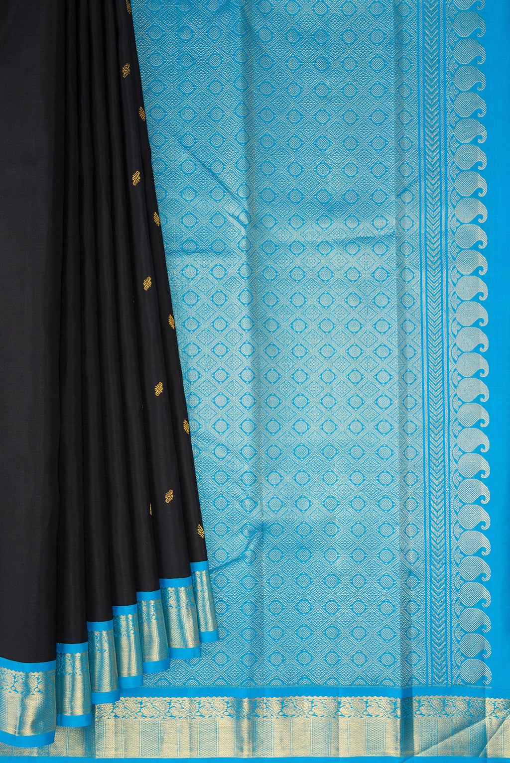 Pleats and pallu of Black Kanjivaram Silk Saree with Zari Butta on the body and Zari Border. 