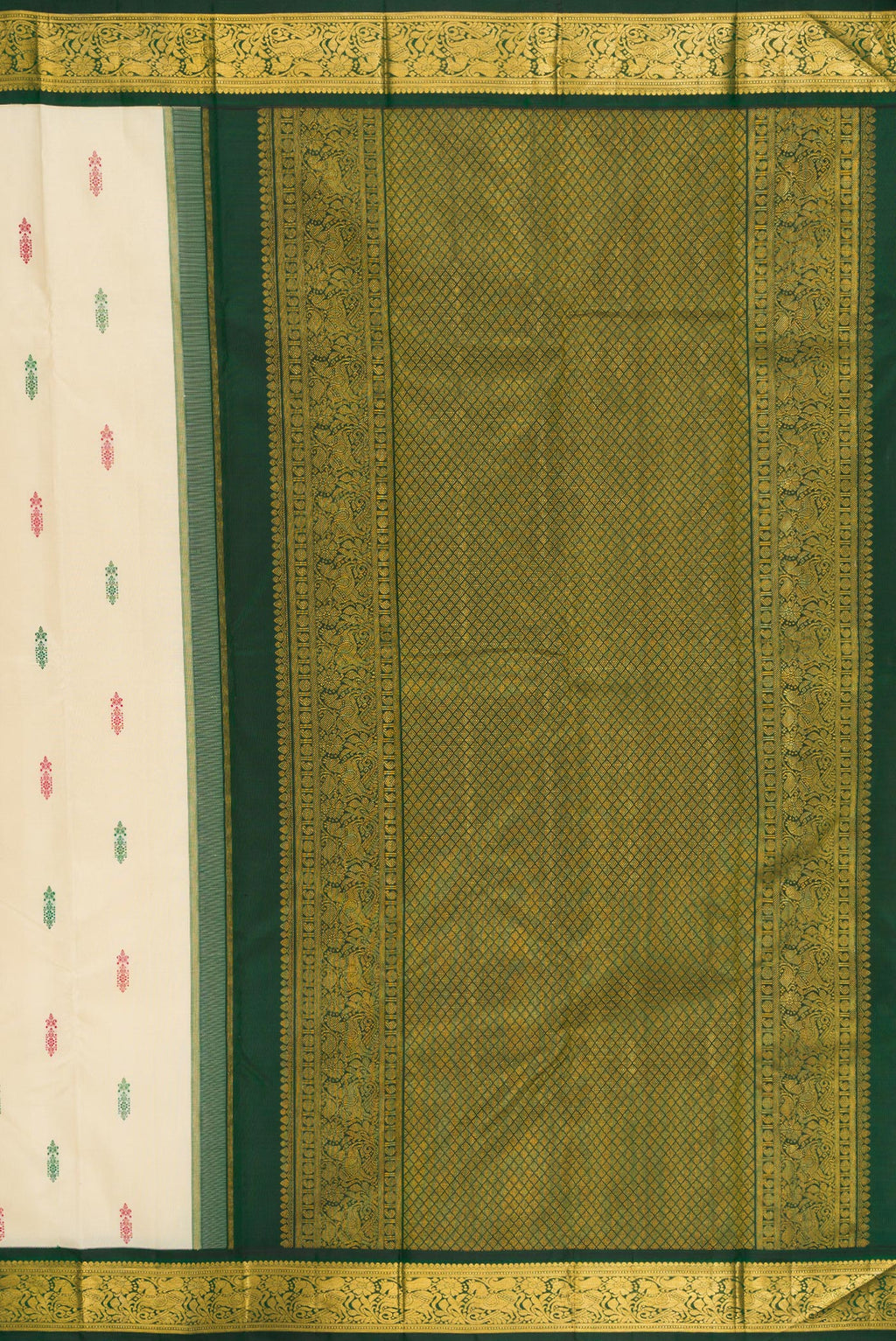 Close up image of the pallu of Sandal Kanjivaram Silk Saree with Thread Butta on the body and Zari Border. 