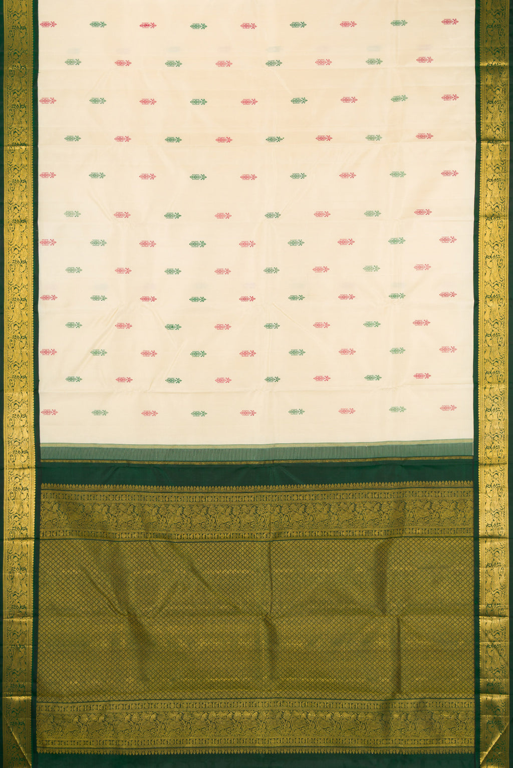 Flat view of Sandal Kanjivaram Silk Saree with Thread Butta on the body and Zari Border. 