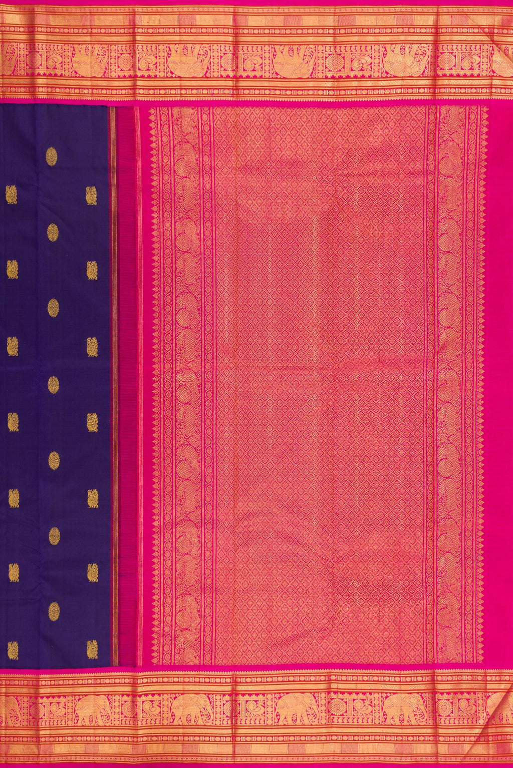 Close up image of the pallu of Dark Blue Kanjivaram Silk Saree with Zari Butta on the body and Zari Border. 