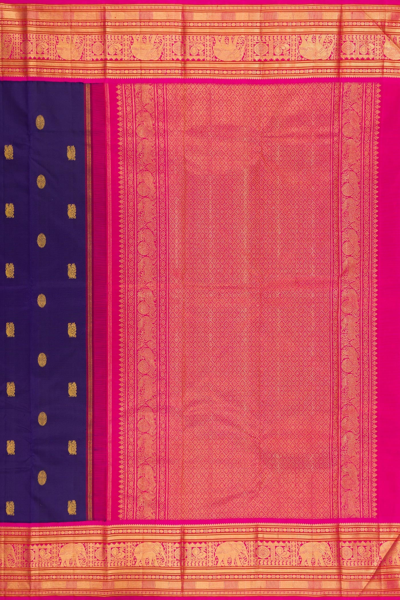 Close up image of the pallu of Dark Blue Kanjivaram Silk Saree with Zari Butta on the body and Zari Border. 