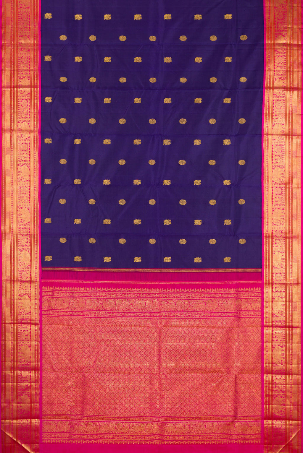Flat view of Dark Blue Kanjivaram Silk Saree with Zari Butta on the body and Zari Border. 