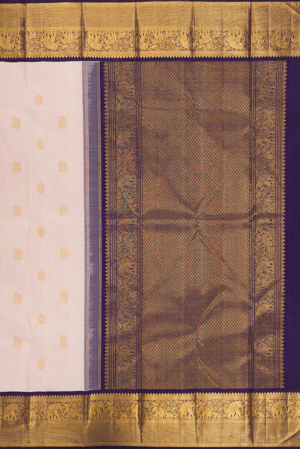 Close up image of the pallu of Pure Silk Rose Gold Kanjivaram Saree with Zari Butta on the body and Zari Border. 