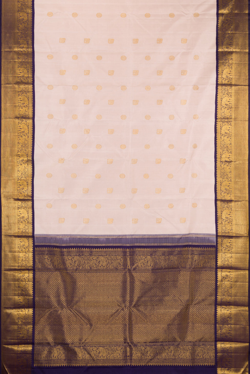 Flat view of Pure Silk Rose Gold Kanjivaram Saree with Zari Butta on the body and Zari Border. 