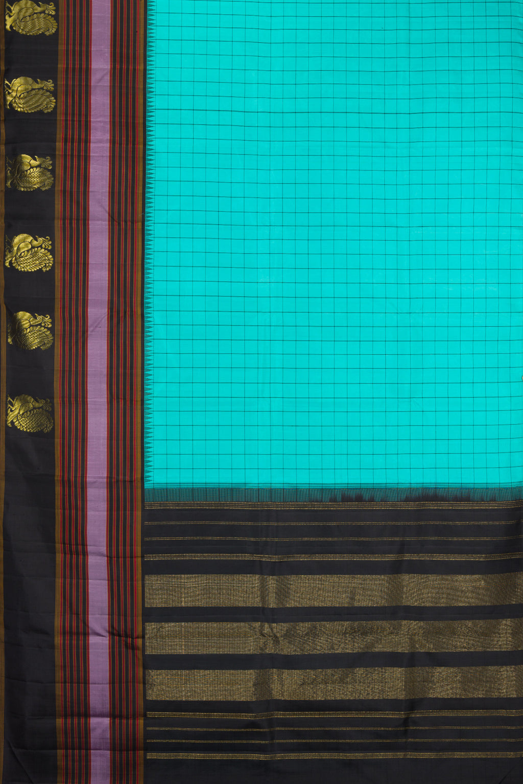 Flat view of Sky Blue Kanjivaram Silk Saree with Checked design on the body and Fancy Border. 