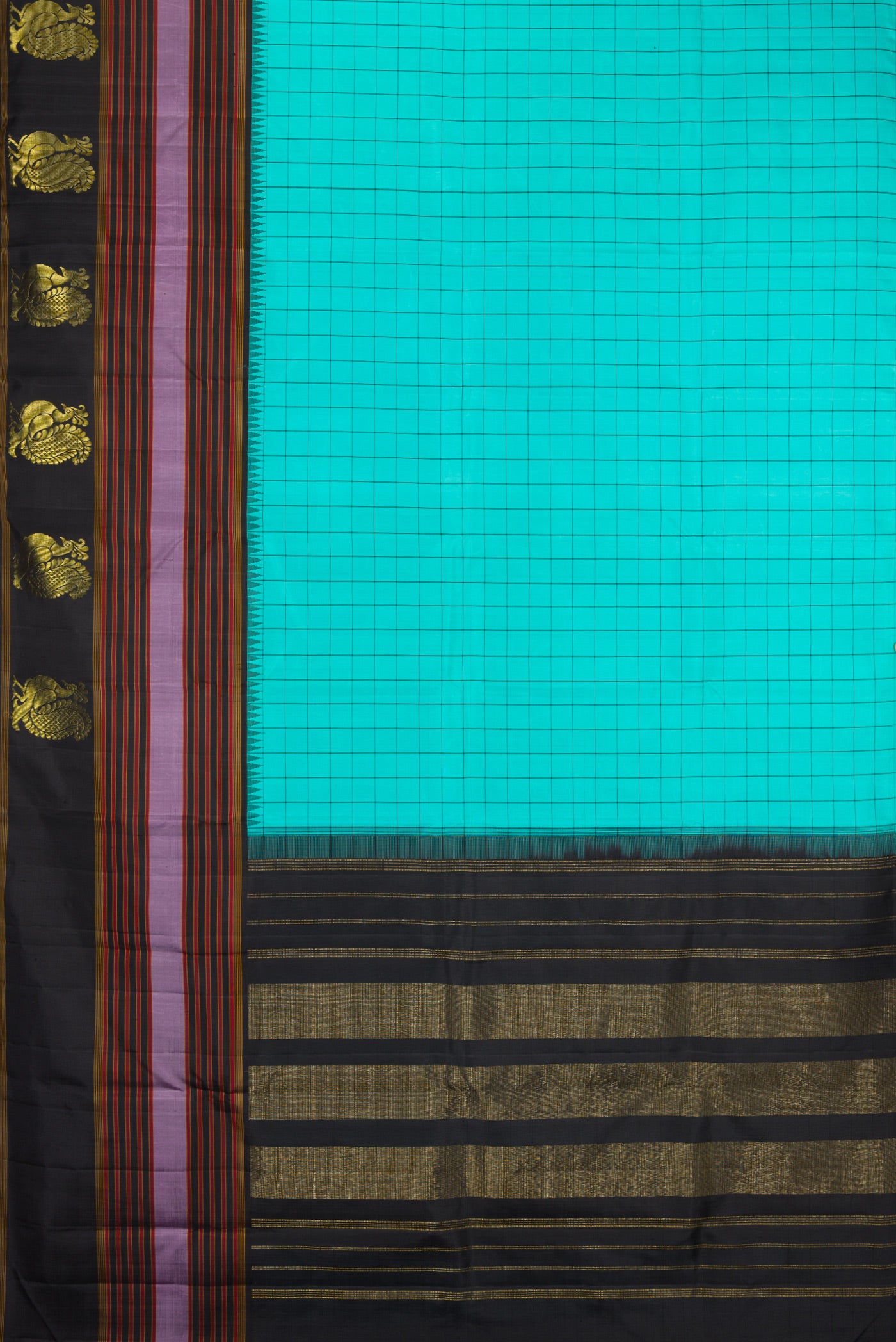 Flat view of Sky Blue Kanjivaram Silk Saree with Checked design on the body and Fancy Border. 