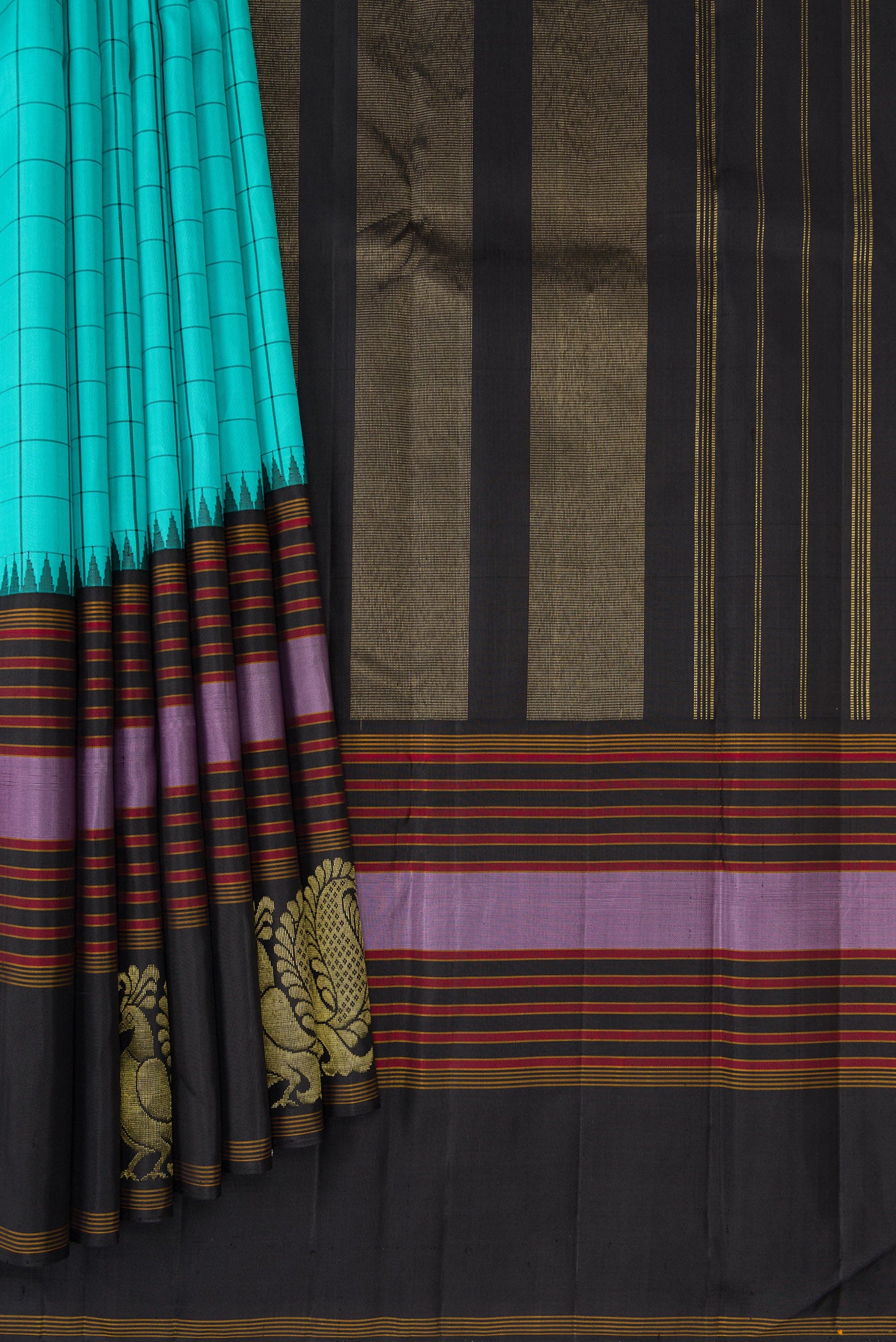 Pleats and pallu of Sky Blue Kanjivaram Silk Saree with Checked design on the body and Fancy Border. 
