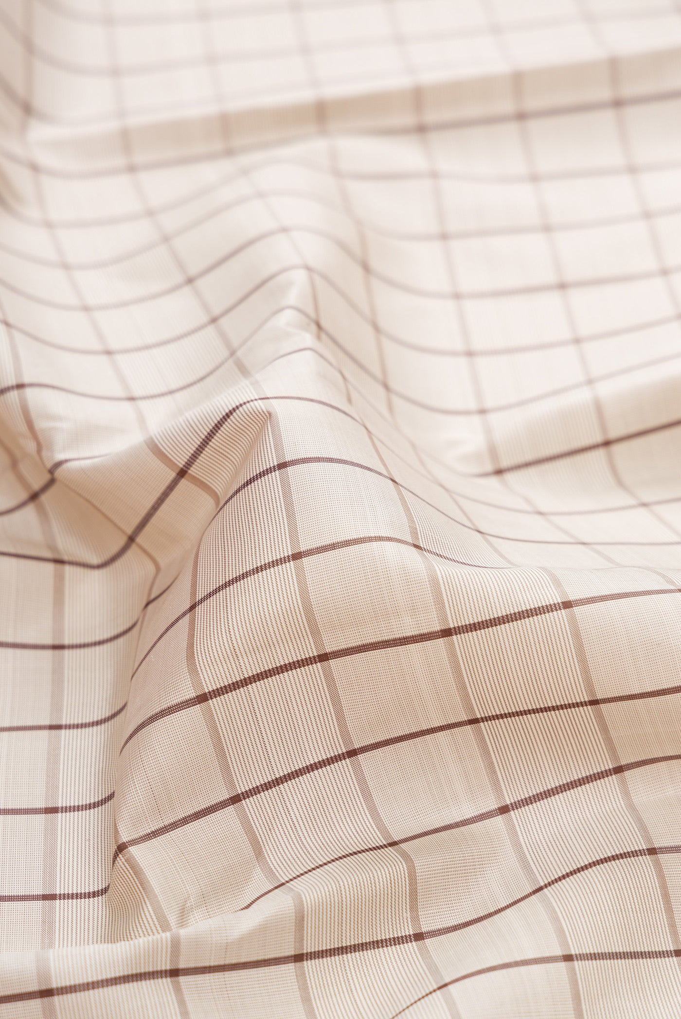 Close up of Beige Kanjivaram Silk Saree with Checked design on the body and Fancy Border.  displaying folds